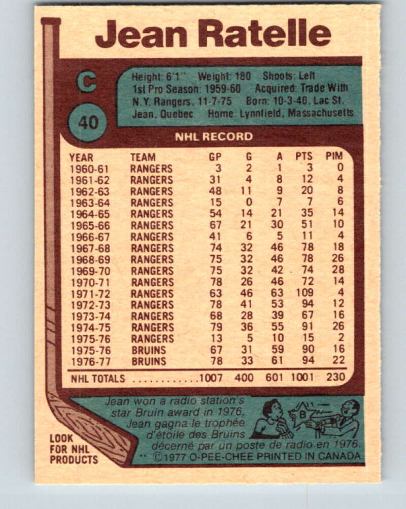1977-78 O-Pee-Chee #40 Jean Ratelle  Boston Bruins  V13184