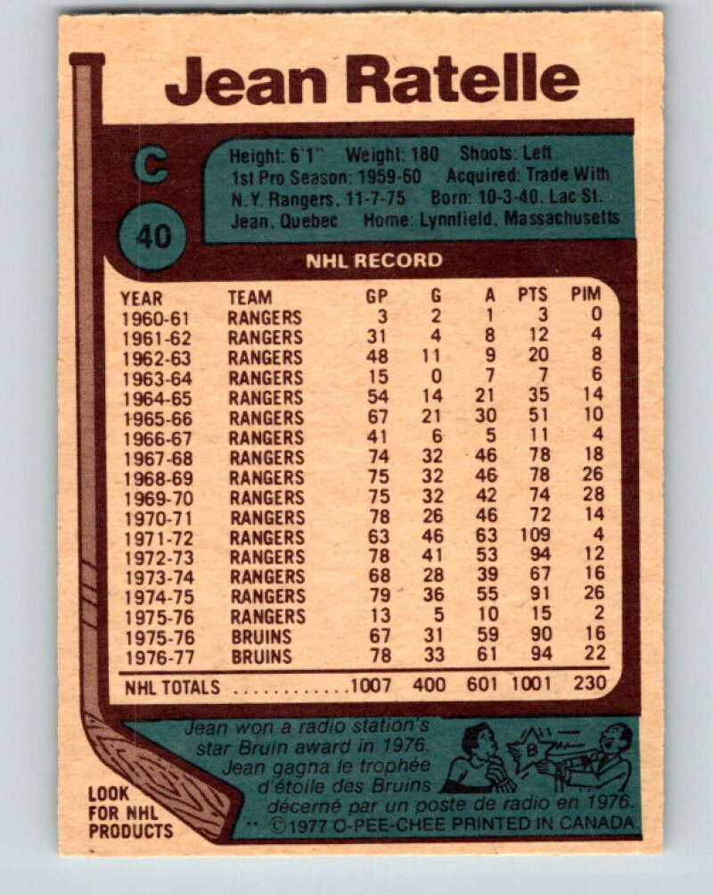 1977-78 O-Pee-Chee #40 Jean Ratelle  Boston Bruins  V13187