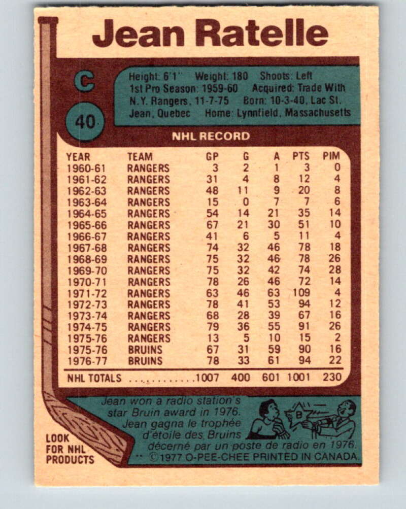 1977-78 O-Pee-Chee #40 Jean Ratelle  Boston Bruins  V13188