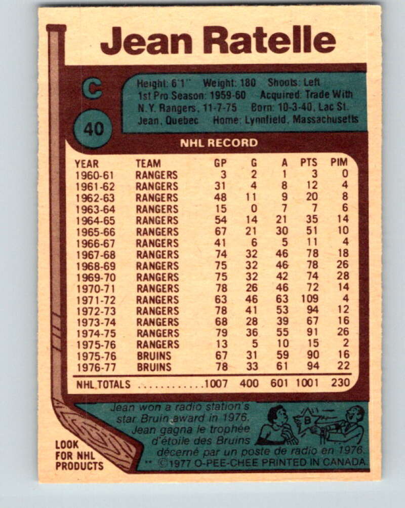 1977-78 O-Pee-Chee #40 Jean Ratelle  Boston Bruins  V13189