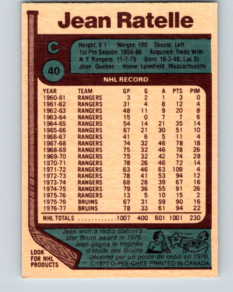 1977-78 O-Pee-Chee #40 Jean Ratelle  Boston Bruins  V13190