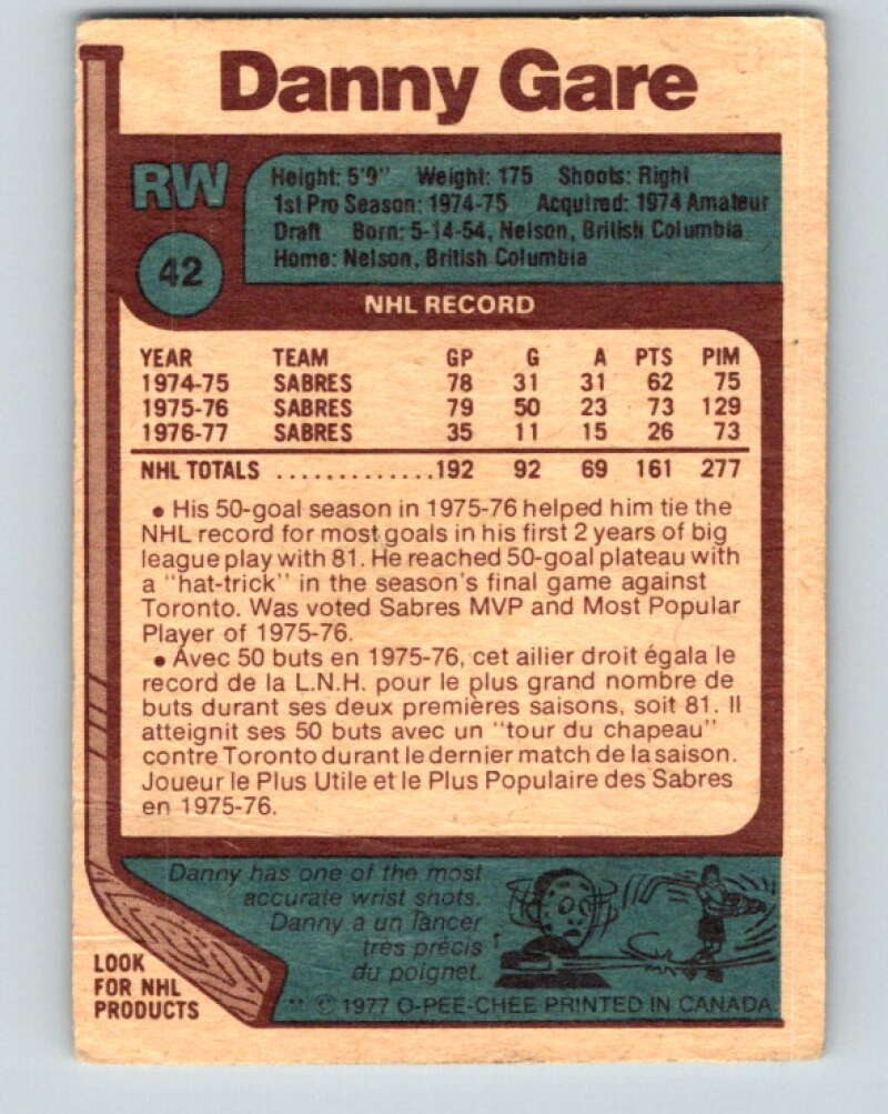 1977-78 O-Pee-Chee #42 Danny Gare  Buffalo Sabres  V13203