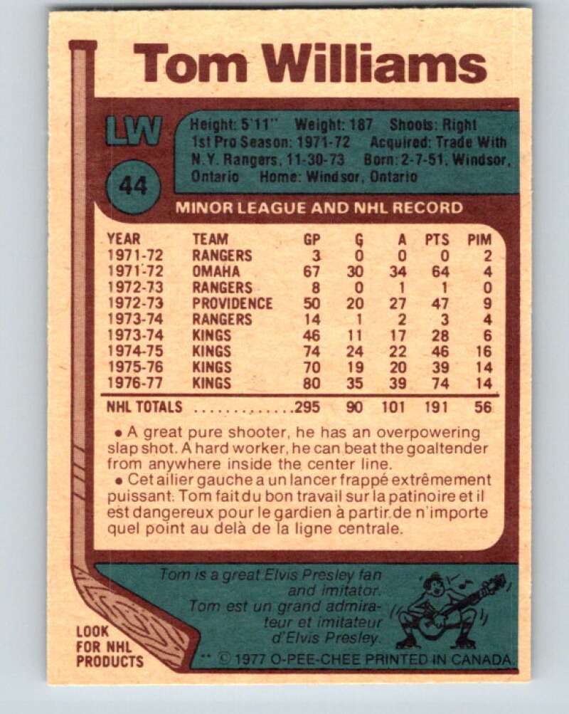 1977-78 O-Pee-Chee #44 Tom Williams  Los Angeles Kings  V13213