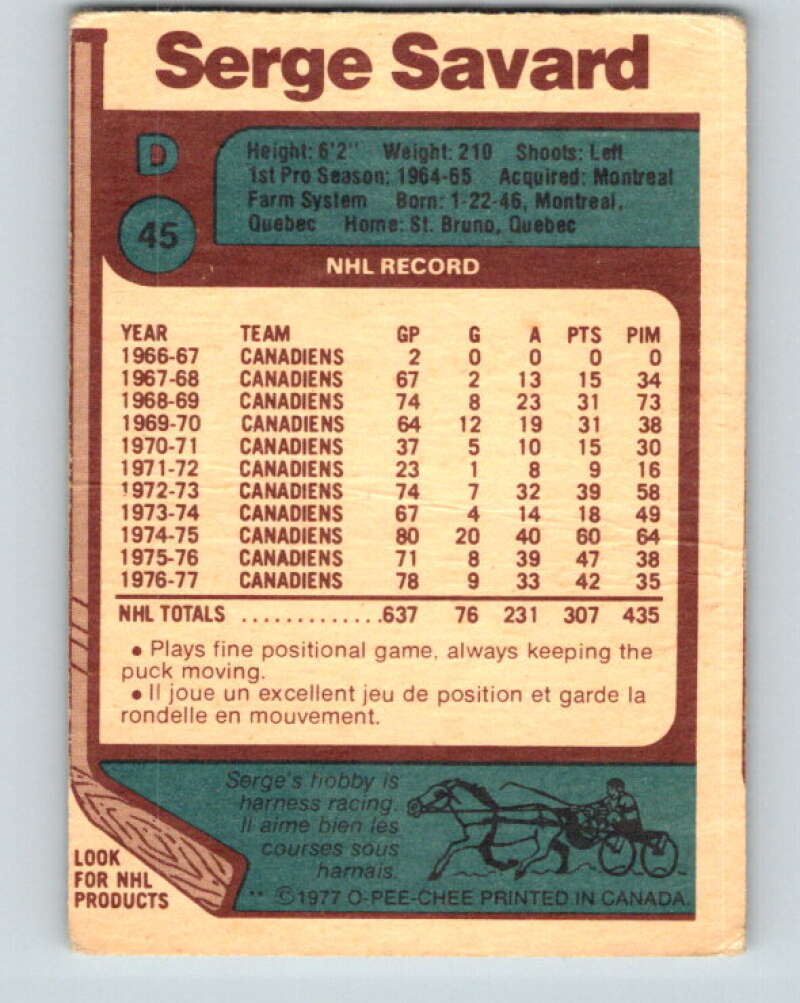 1977-78 O-Pee-Chee #45 Serge Savard  Montreal Canadiens  V13228