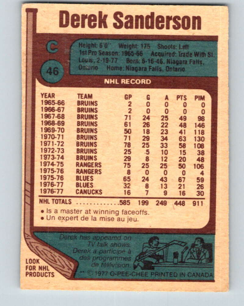 1977-78 O-Pee-Chee #46 Derek Sanderson  Vancouver Canucks  V13231