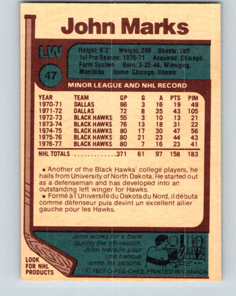 1977-78 O-Pee-Chee #47 John Marks  Chicago Blackhawks  V13232