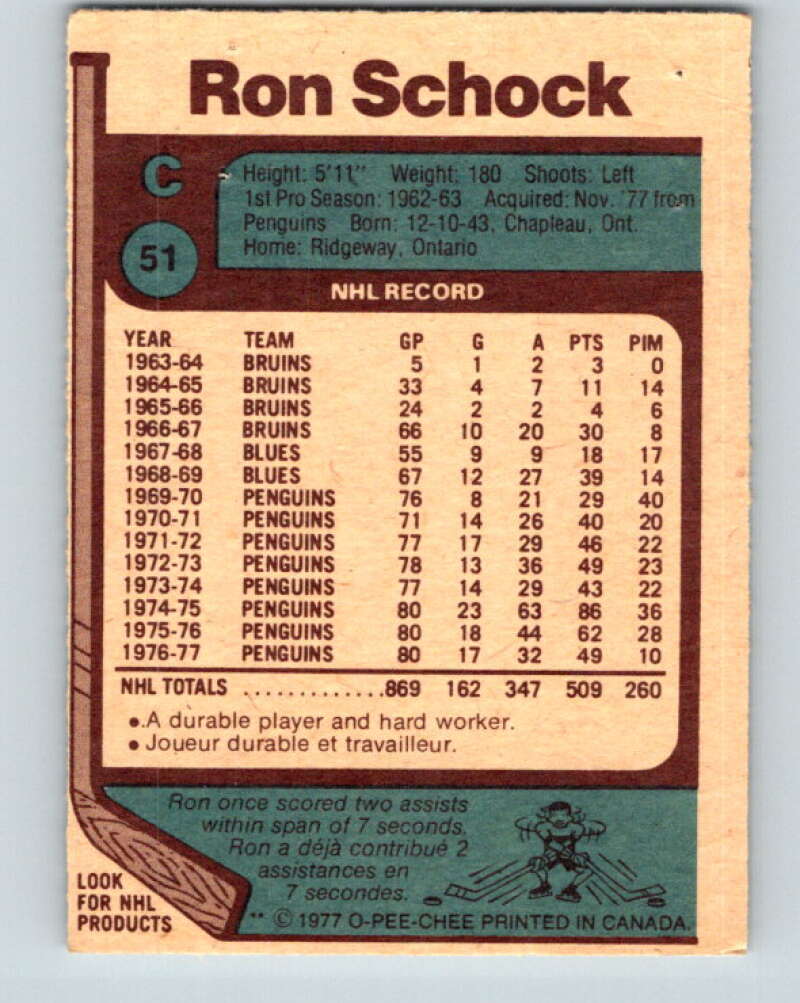 1977-78 O-Pee-Chee #51 Ron Schock  Buffalo Sabres  V13266