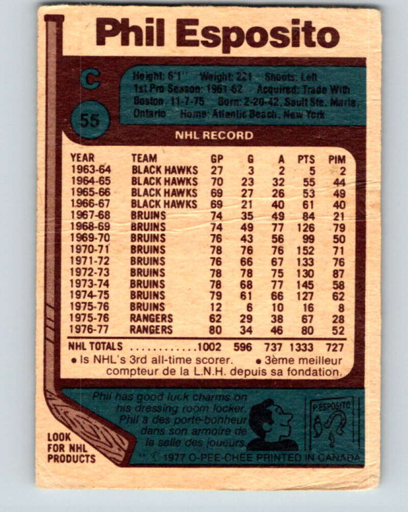 1977-78 O-Pee-Chee #55 Phil Esposito UER  New York Rangers  V13290