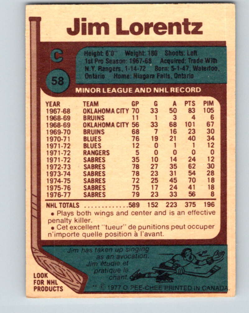 1977-78 O-Pee-Chee #58 Jim Lorentz  Buffalo Sabres  V13307