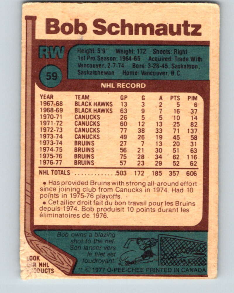 1977-78 O-Pee-Chee #59 Bobby Schmautz  Boston Bruins  V13316