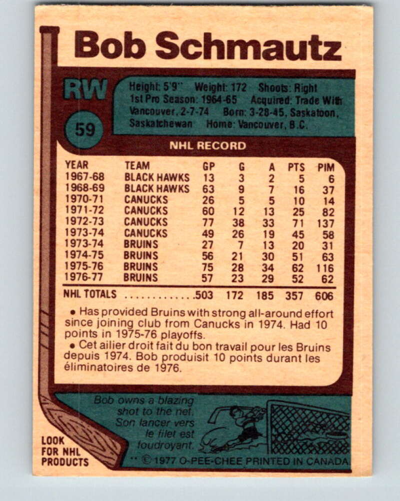 1977-78 O-Pee-Chee #59 Bobby Schmautz  Boston Bruins  V13318