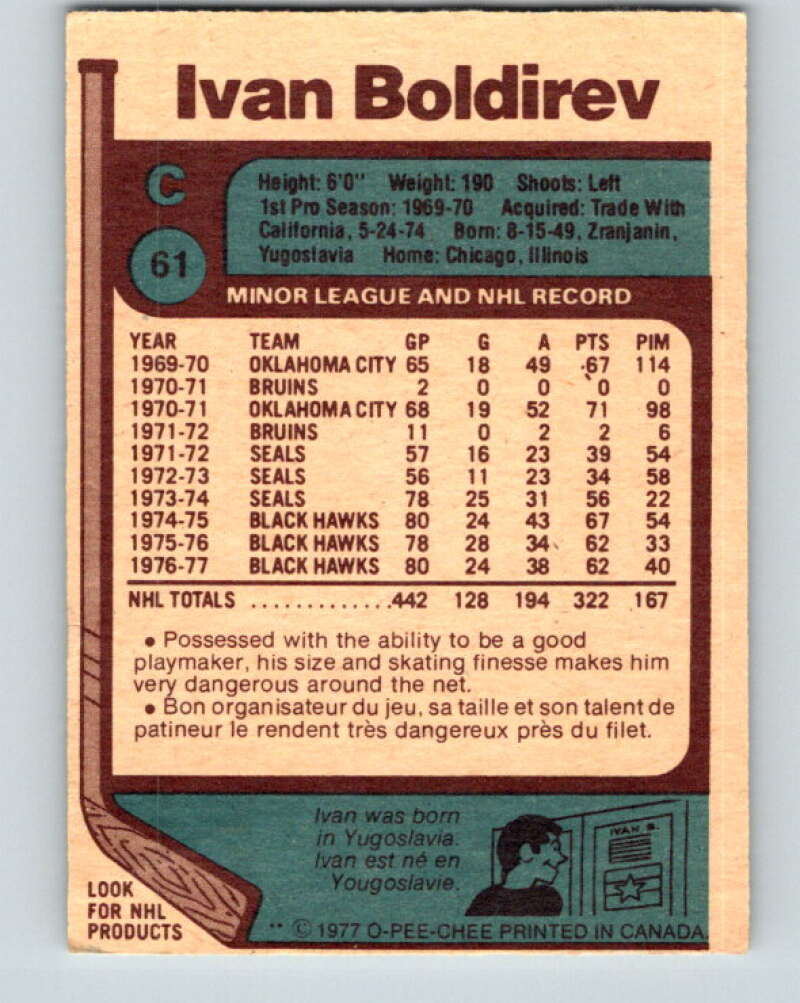 1977-78 O-Pee-Chee #61 Ivan Boldirev  Chicago Blackhawks  V13328