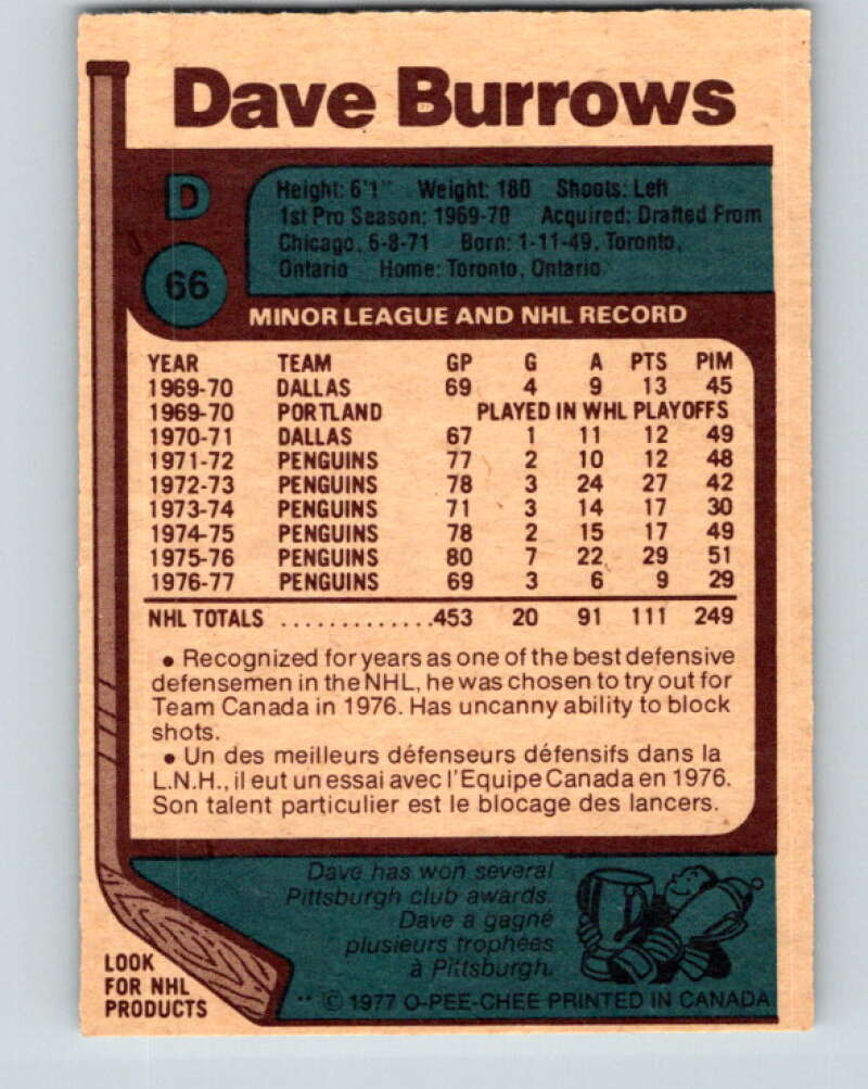 1977-78 O-Pee-Chee #66 Dave Burrows  Pittsburgh Penguins  V13367