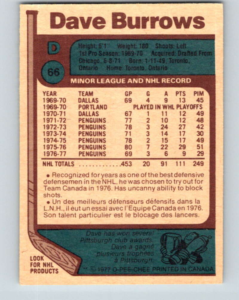 1977-78 O-Pee-Chee #66 Dave Burrows  Pittsburgh Penguins  V13368