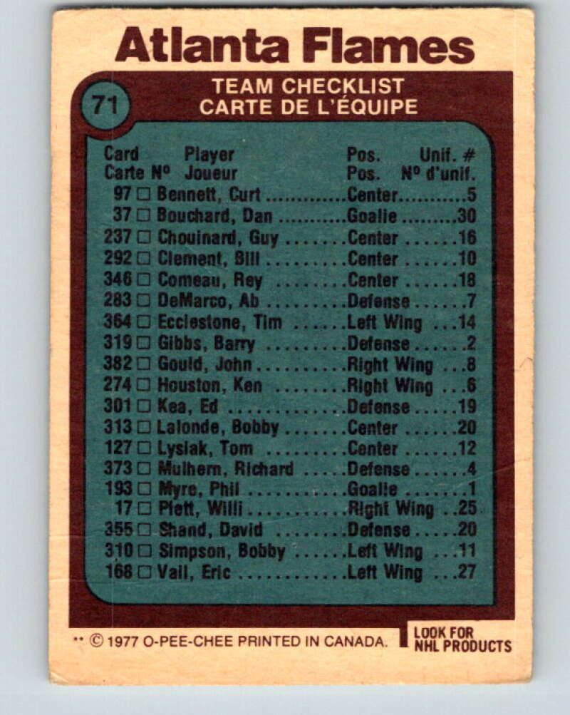 1977-78 O-Pee-Chee #71 Atlanta Flames Team  Atlanta Flames  V13410