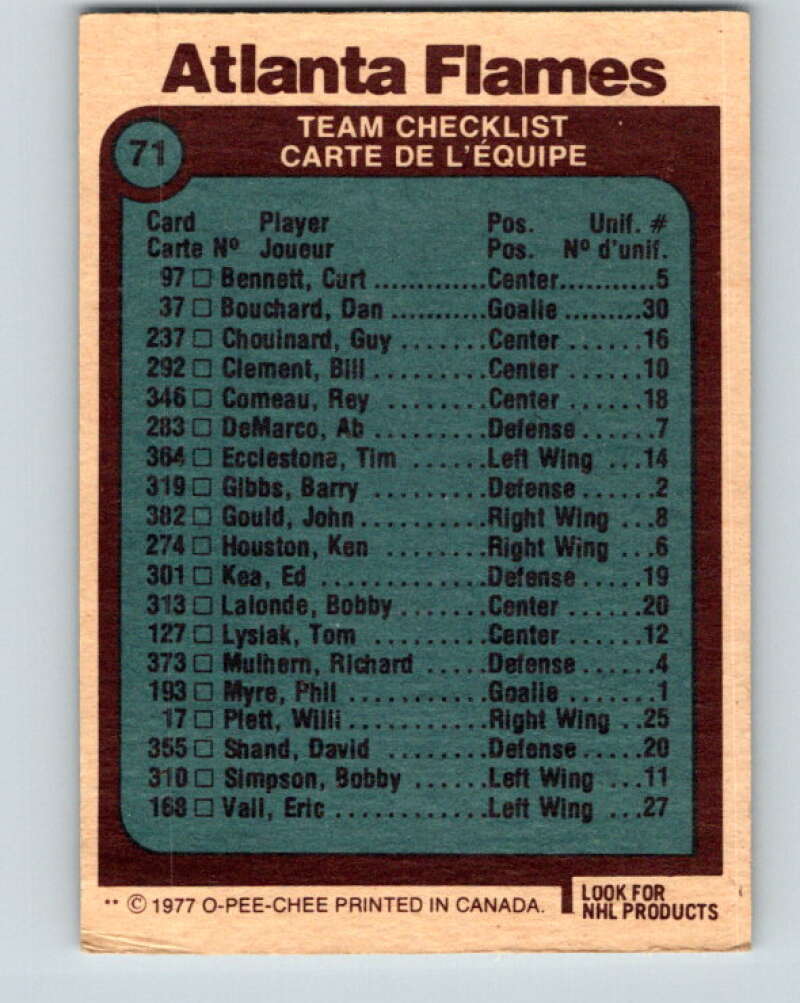 1977-78 O-Pee-Chee #71 Atlanta Flames Team  Atlanta Flames  V13412