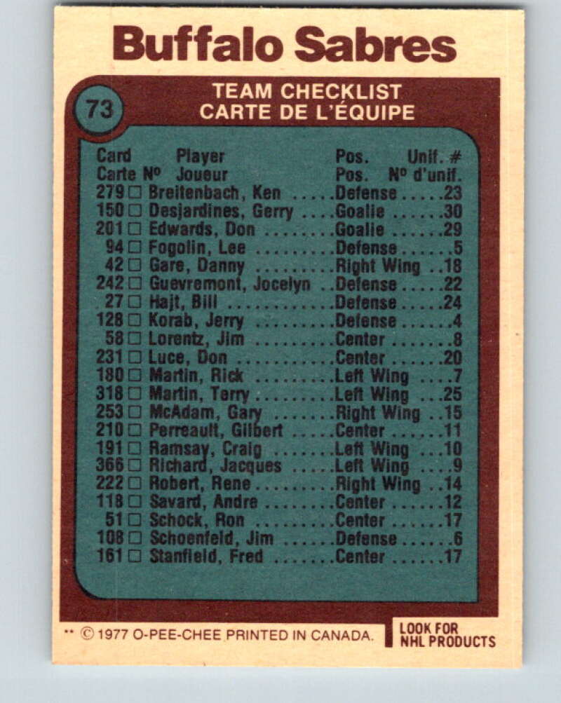 1977-78 O-Pee-Chee #73 Buffalo Sabres Team  Buffalo Sabres  V13414