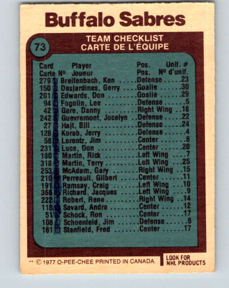 1977-78 O-Pee-Chee #73 Buffalo Sabres Team  Buffalo Sabres  V13416