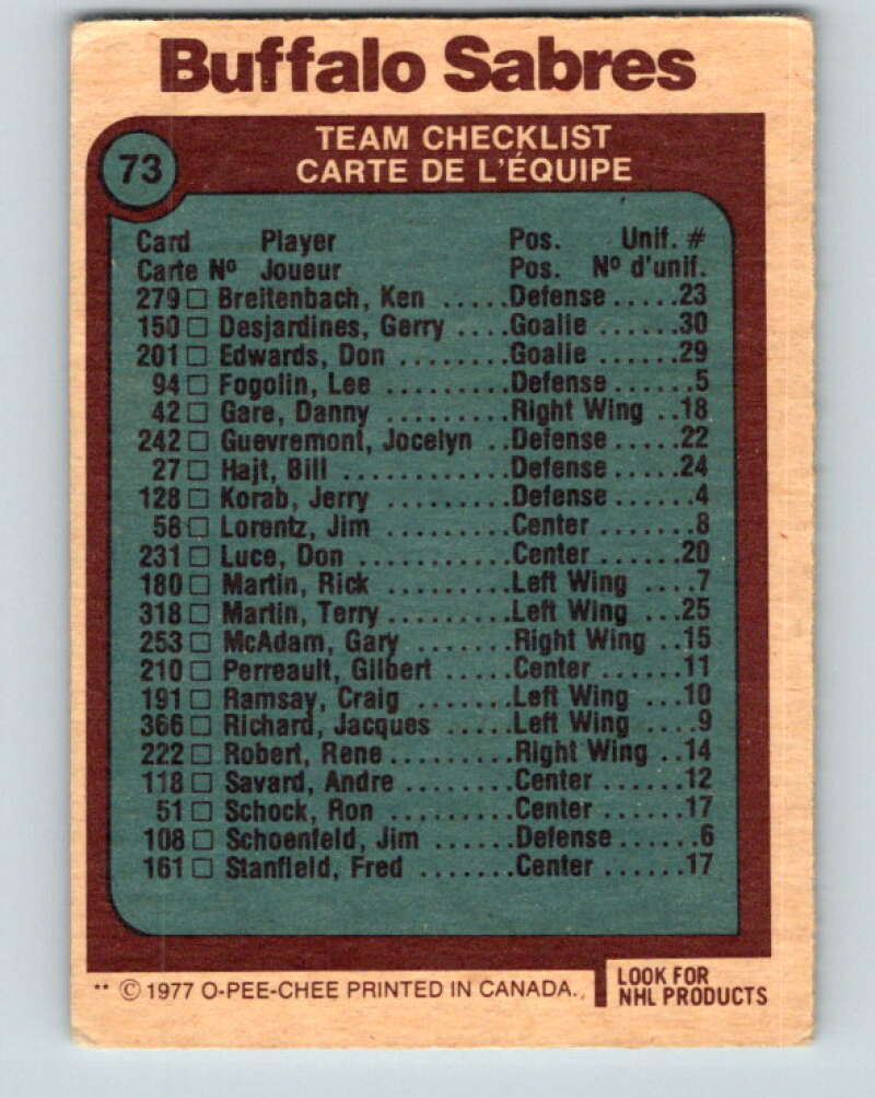 1977-78 O-Pee-Chee #73 Buffalo Sabres Team  Buffalo Sabres  V13417