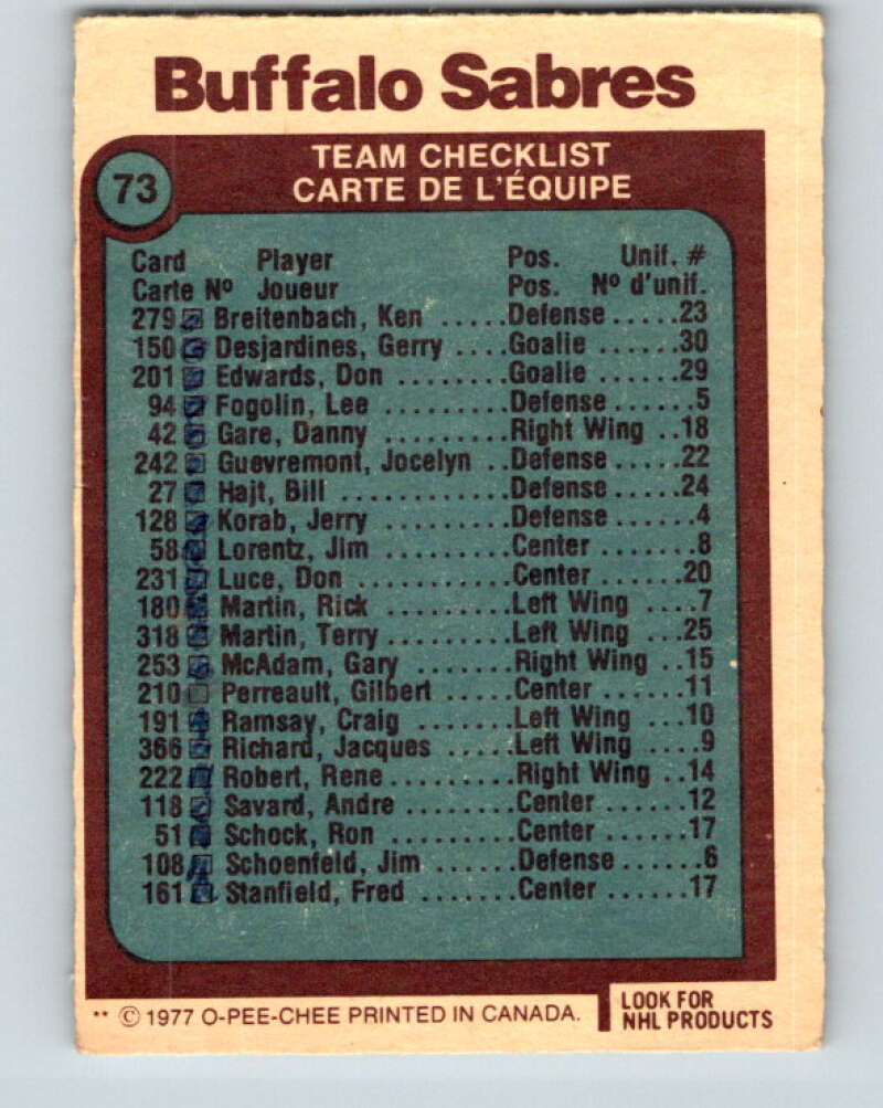 1977-78 O-Pee-Chee #73 Buffalo Sabres Team  Buffalo Sabres  V13418