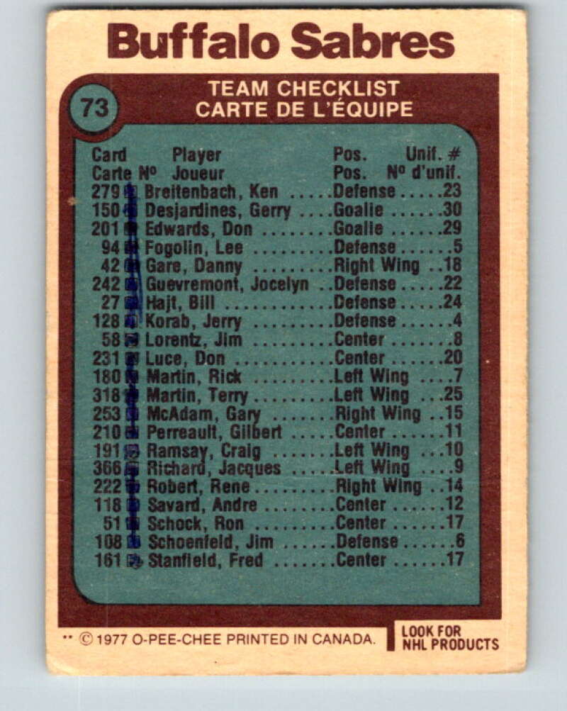 1977-78 O-Pee-Chee #73 Buffalo Sabres Team  Buffalo Sabres  V13419