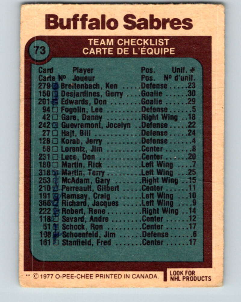 1977-78 O-Pee-Chee #73 Buffalo Sabres Team  Buffalo Sabres  V13420