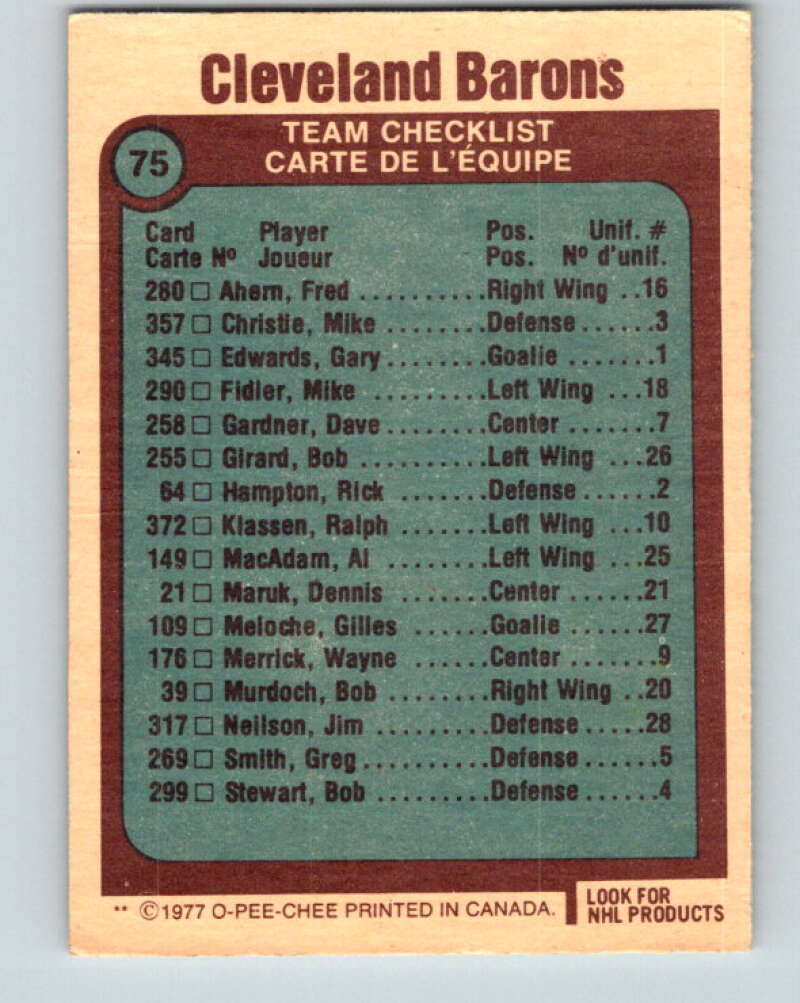 1977-78 O-Pee-Chee #75 Cleveland Barons Team  Cleveland Barons  V13431