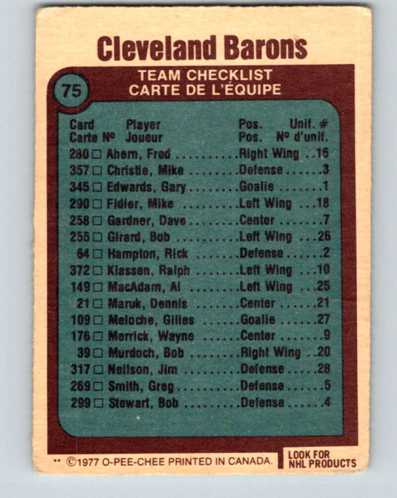 1977-78 O-Pee-Chee #75 Cleveland Barons Team  Cleveland Barons  V13436
