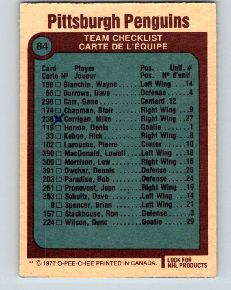 1977-78 O-Pee-Chee #84 Penguins Team  Pittsburgh Penguins  V13473