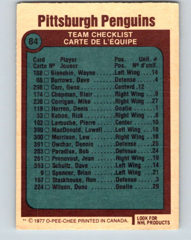 1977-78 O-Pee-Chee #84 Penguins Team  Pittsburgh Penguins  V13474