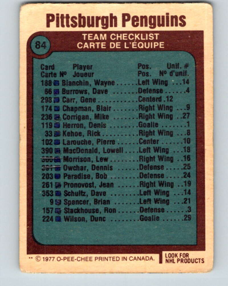 1977-78 O-Pee-Chee #84 Penguins Team  Pittsburgh Penguins  V13476