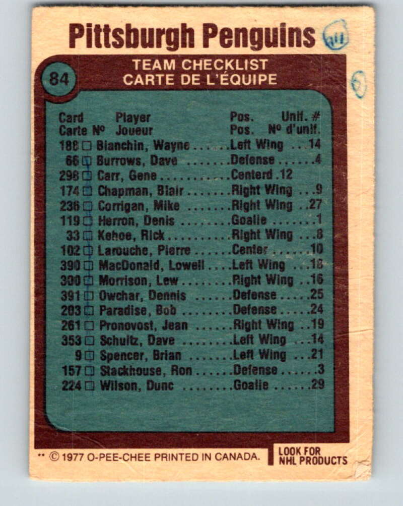 1977-78 O-Pee-Chee #84 Penguins Team  Pittsburgh Penguins  V13478