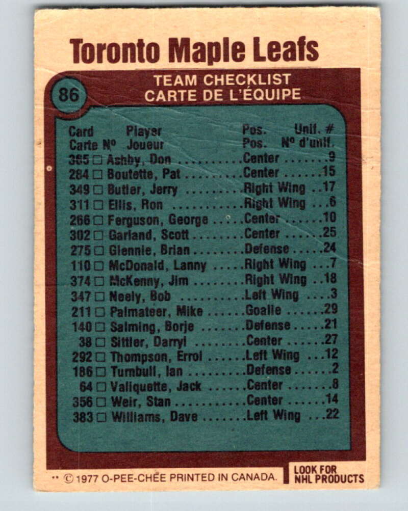 1977-78 O-Pee-Chee #86 Maple Leafs Team  Toronto Maple Leafs  V13486