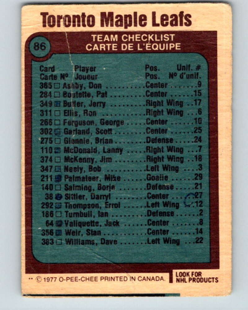 1977-78 O-Pee-Chee #86 Maple Leafs Team  Toronto Maple Leafs  V13495