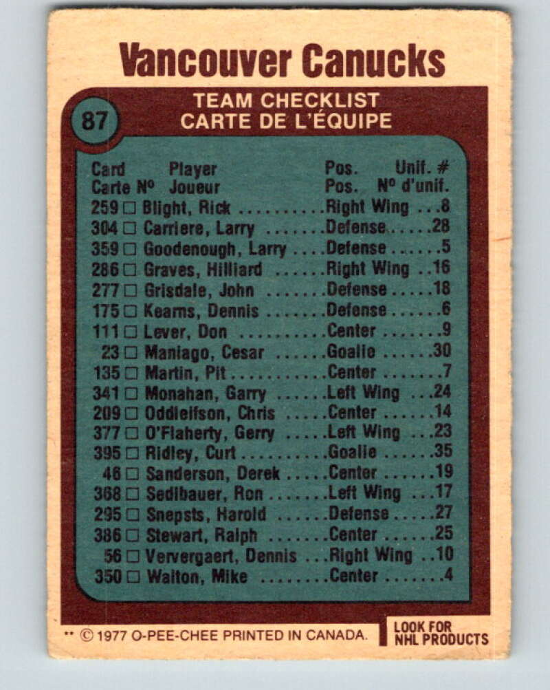 1977-78 O-Pee-Chee #87 Canucks Team  Vancouver Canucks  V13496