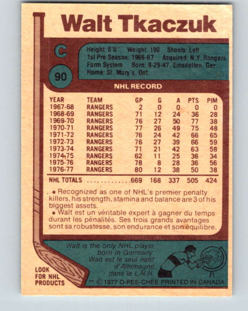 1977-78 O-Pee-Chee #90 Walt Tkaczuk  New York Rangers  V13509