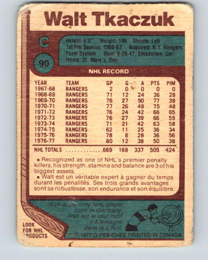 1977-78 O-Pee-Chee #90 Walt Tkaczuk  New York Rangers  V13511