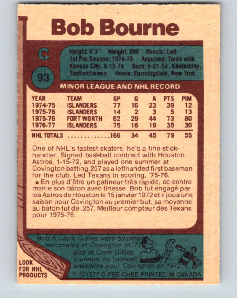 1977-78 O-Pee-Chee #93 Bob Bourne  New York Islanders  V13524