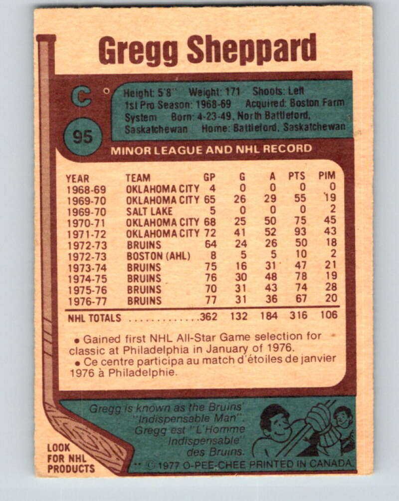 1977-78 O-Pee-Chee #95 Gregg Sheppard  Boston Bruins  V13532