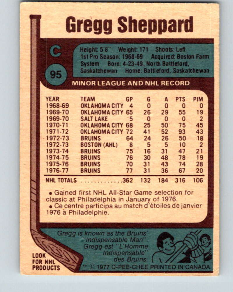 1977-78 O-Pee-Chee #95 Gregg Sheppard  Boston Bruins  V13536