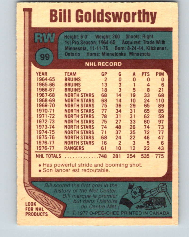 1977-78 O-Pee-Chee #99 Bill Goldsworthy  New York Rangers  V13565