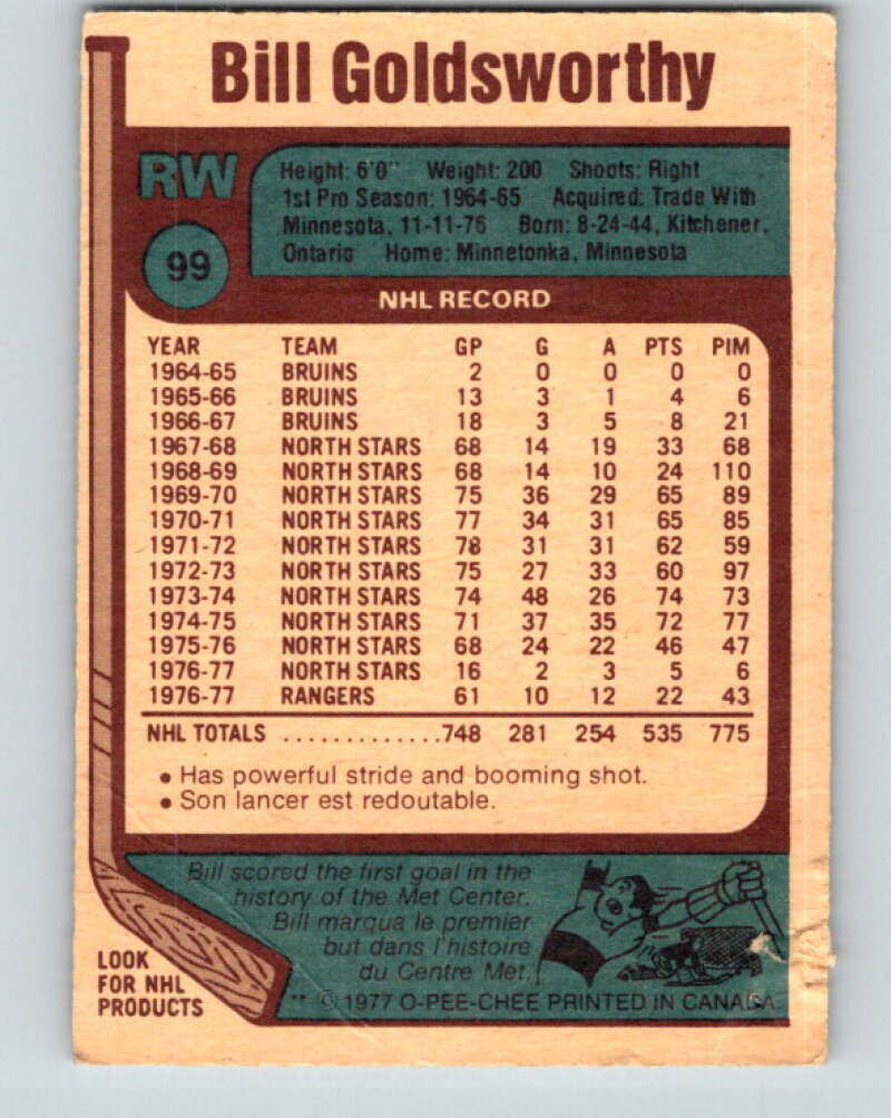 1977-78 O-Pee-Chee #99 Bill Goldsworthy  New York Rangers  V13567