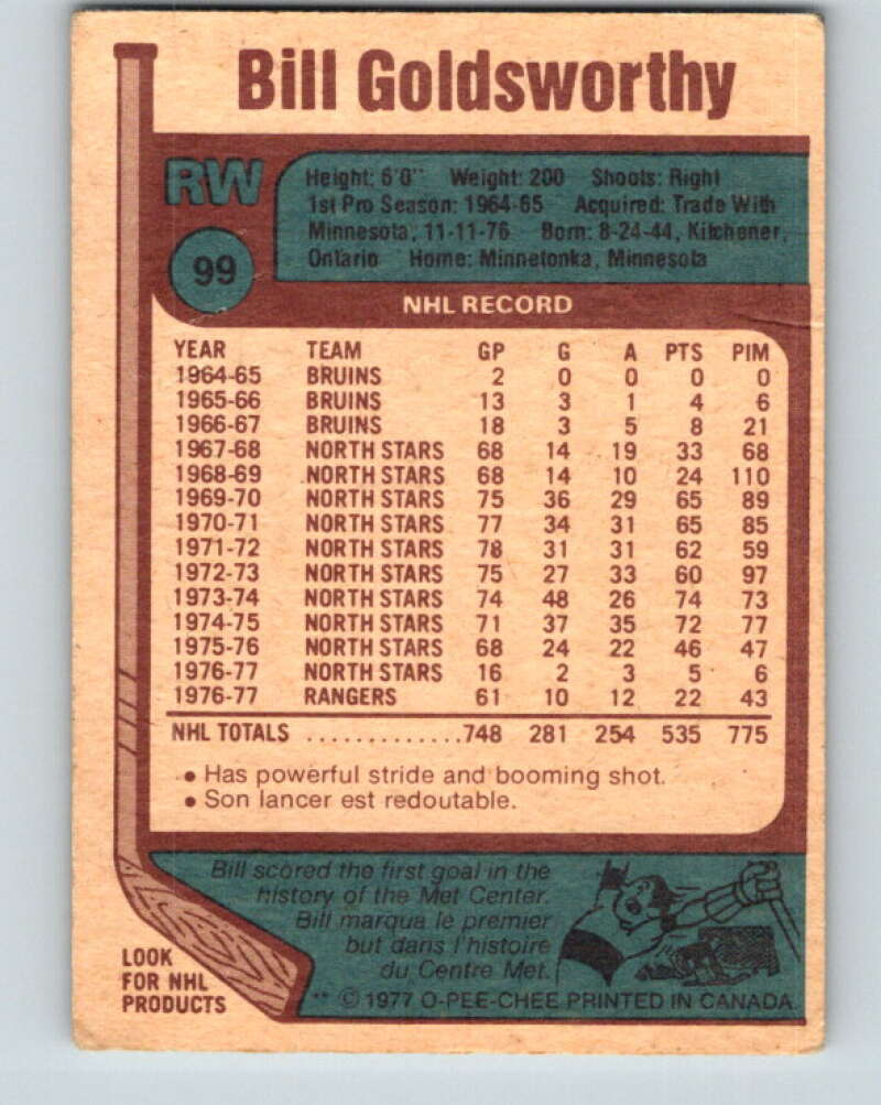 1977-78 O-Pee-Chee #99 Bill Goldsworthy  New York Rangers  V13568