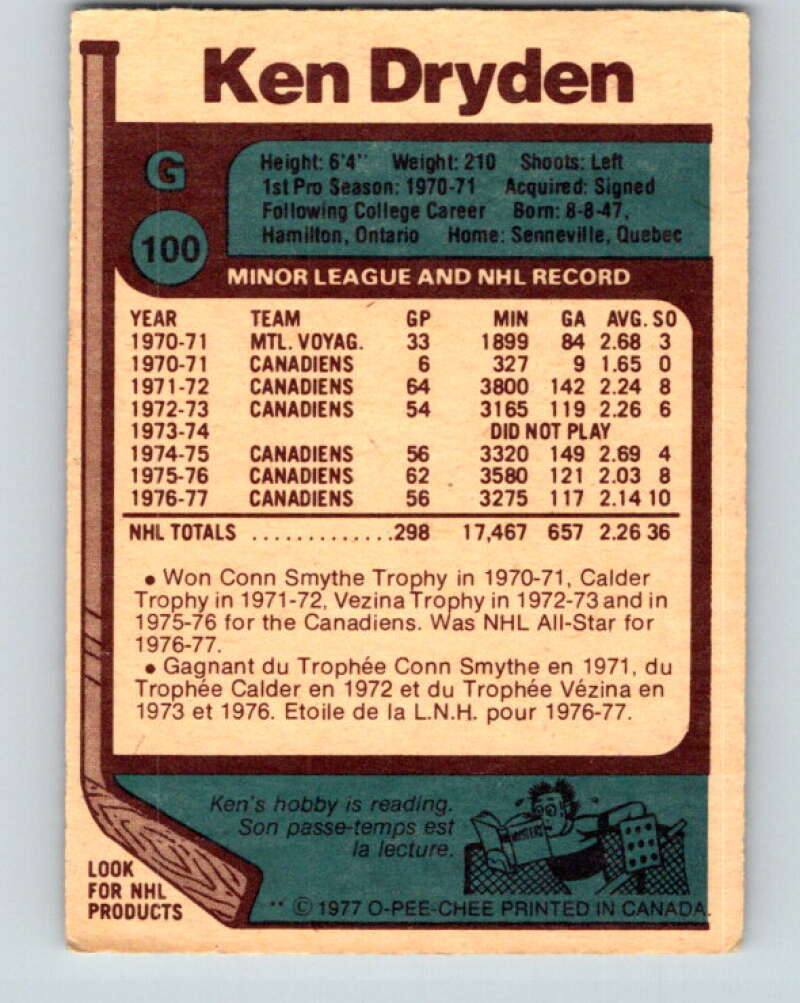 1977-78 O-Pee-Chee #100 Ken Dryden AS  Montreal Canadiens  V13570