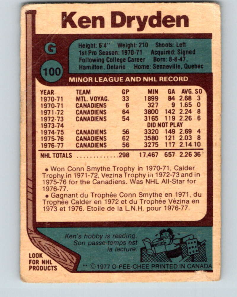 1977-78 O-Pee-Chee #100 Ken Dryden AS  Montreal Canadiens  V13571
