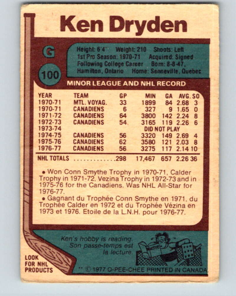 1977-78 O-Pee-Chee #100 Ken Dryden AS  Montreal Canadiens  V13573