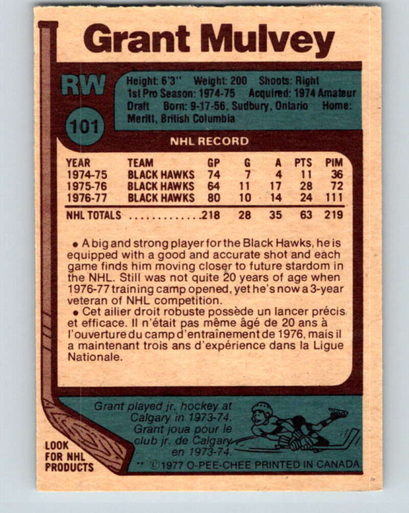 1977-78 O-Pee-Chee #101 Grant Mulvey  Chicago Blackhawks  V13581
