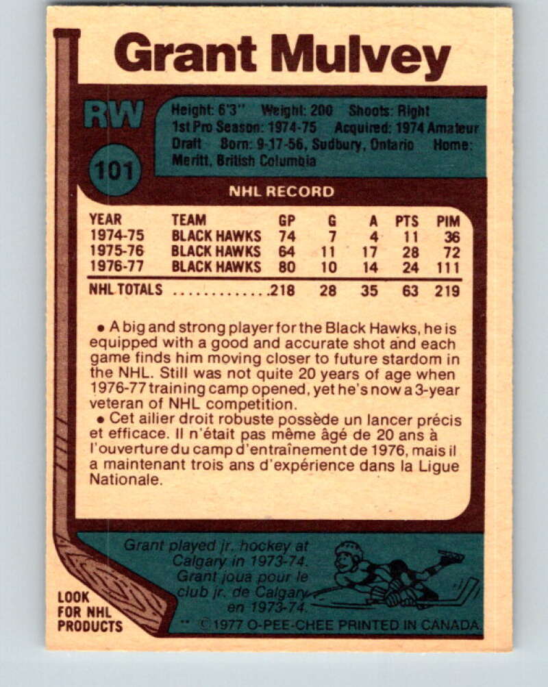 1977-78 O-Pee-Chee #101 Grant Mulvey  Chicago Blackhawks  V13582
