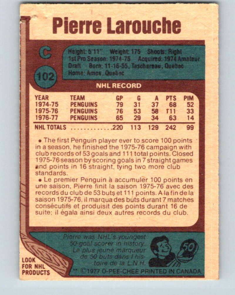 1977-78 O-Pee-Chee #102 Pierre Larouche  Pittsburgh Penguins  V13587