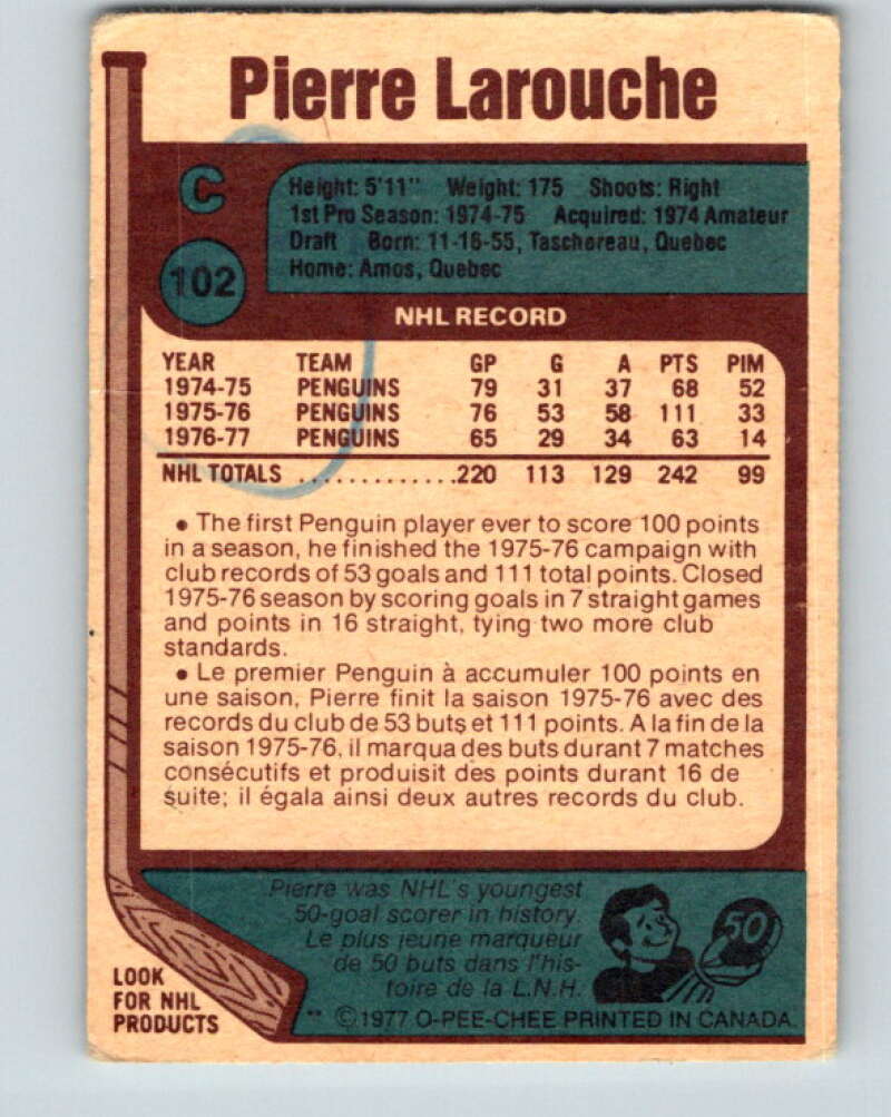 1977-78 O-Pee-Chee #102 Pierre Larouche  Pittsburgh Penguins  V13591